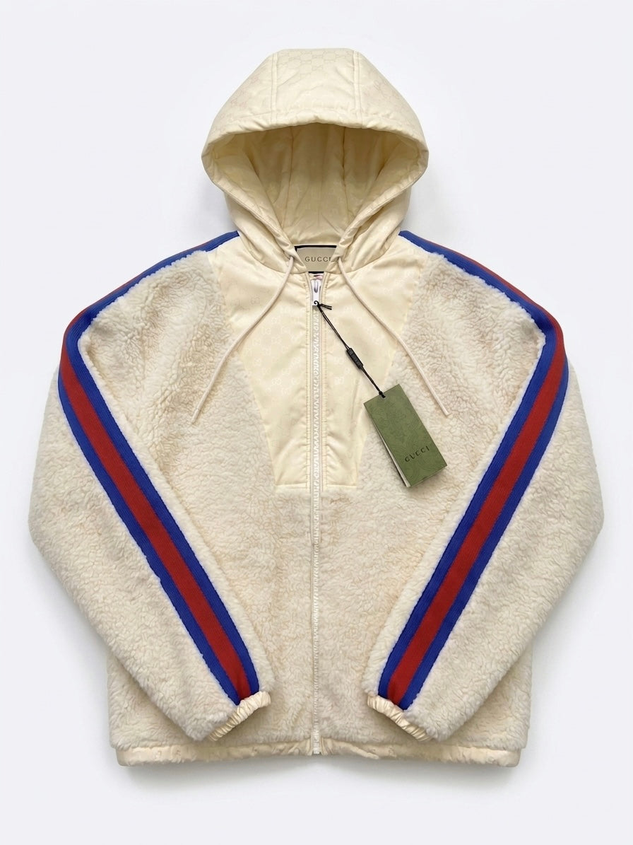 Veste à capuche Gucci Oversize en Laine Shearling – Crème & Bande Web Taille L Oversize